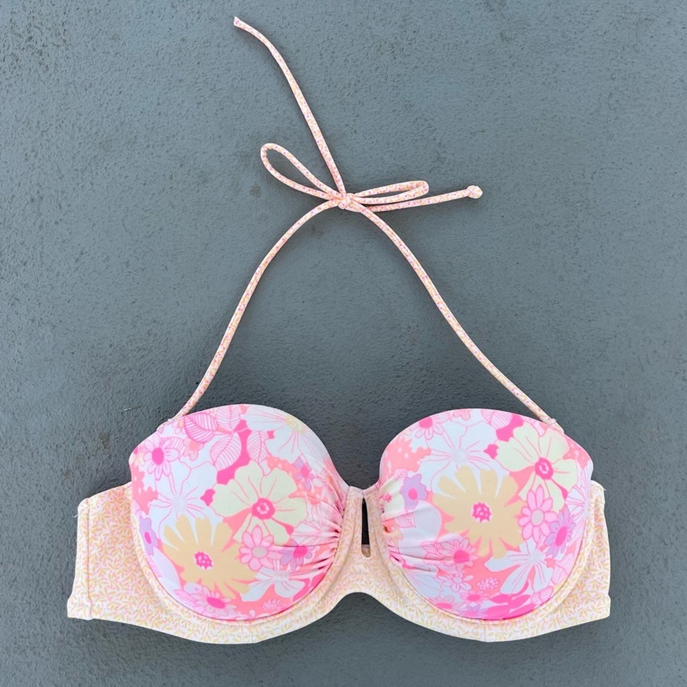 Victoria’s Secret 36C Pink Yellow floral Underwire Pushup Bandeau Bikini Top
